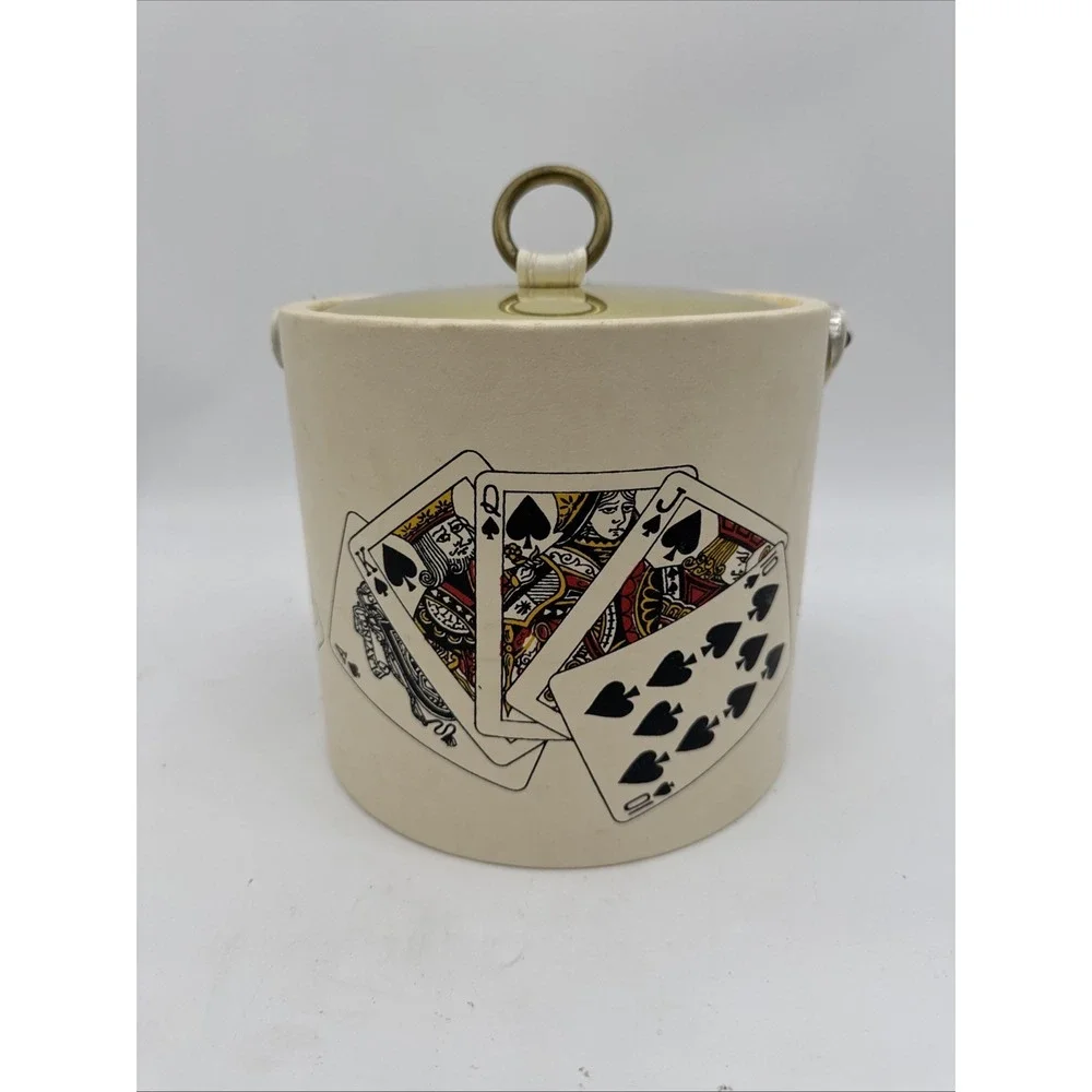 Vintage Kraftware Ice Bucket Cream With Gold Lid And Cards Made In USA